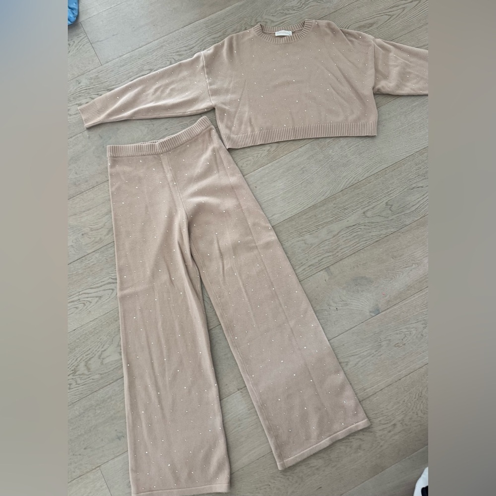 Summer Haus knit set crop long sleeve top and wide leg pants